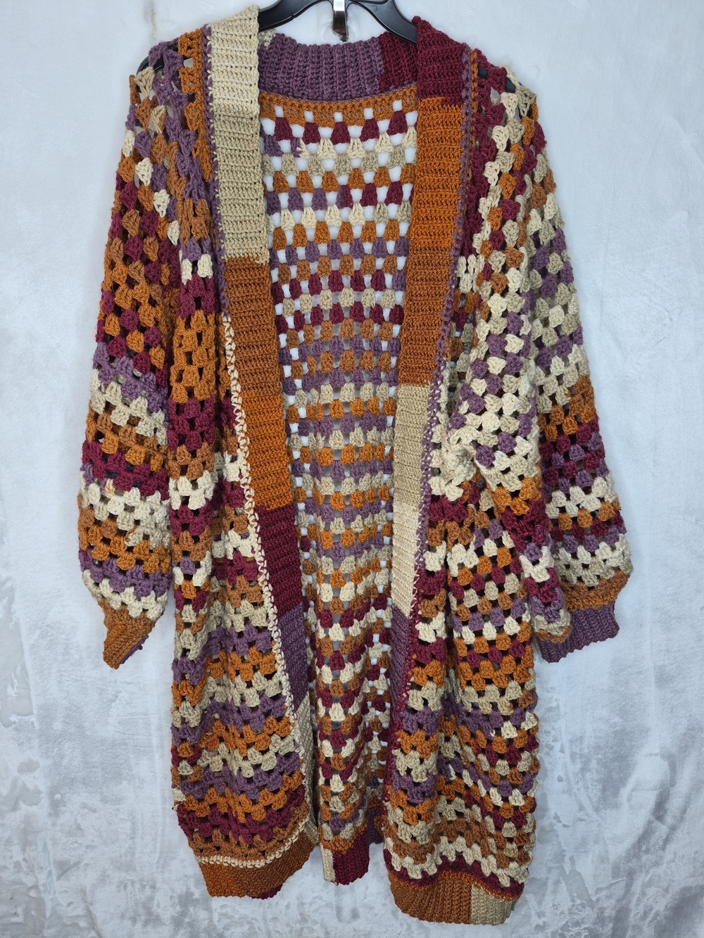 Handmade Crochet Granny Square Oversized Open Cardigan Duster Sweater Womens OS